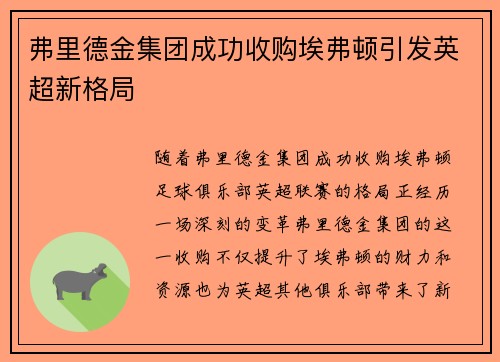 弗里德金集团成功收购埃弗顿引发英超新格局
